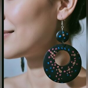 Long wooden hoop earrings, round wooden earrings, boho chic style earrings.10 cm